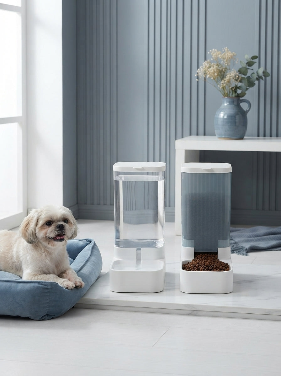 A gravity-fed pet food and water dispenser set on a white surface with slate blue decorative accents in a bright home setting